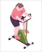 Woman with stationary bicycle in isometric view. vector