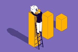 A man is holding a piggy bank on a chart. vector