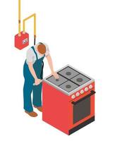 The gasman uses a spanner to connect a hose to a gas stove. vector