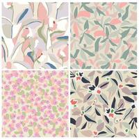 Vector leaf and flower illustration seamless repeat pattern with pastel colors 4 designs set