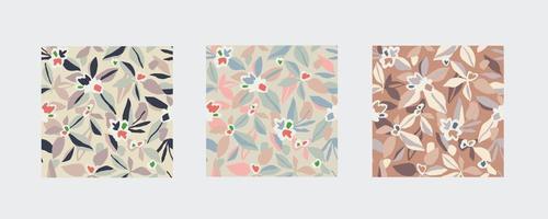 Vector hand-drawn abstract flower and leaf illustration seamless repeat pattern 3 color ways set