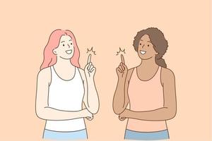 Mixed race friendship, finger up idea concept. Two smiling cheerful girls of different race standing pointing fingers up showing good idea or thought in mind vector illustration