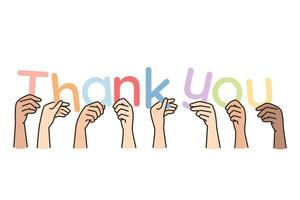 Hands of people with different skin colors hold letters forming phrase Thank you. Multicultural arms, palms making lettering about gratitude, appreciation. Vector minimalistic modern isolated design.