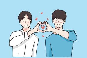 Gay couple, one gender love concept. Happy smiling young men cartoon characters lovers making heart shape with their hands and fingers on blue background vector illustration