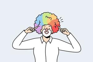 Portrait of male clown pointing with index fingers at his voluminous multicolored hairstyle, wig. LGBT smiling man with rainbow hairs. Gay pride. Front view. Vector minimalistic modern design.