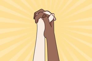 Black lives matter saying concept. Two people of multi ethnic cultures holding hands and raising in unity. Symbol of unity and anti racism vector illustration