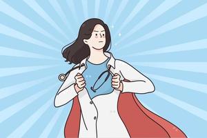 doctora superhéroe en medicina durante el concepto de pandemia. doctora con capa de superhéroe de pie sintiéndose confiada lista para ayudar durante el brote de coronavirus ilustración vectorial vector