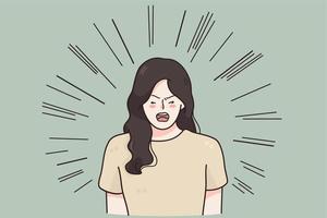 Aggression, hate, rage concept. Screaming emotional angry woman cartoon character standing and shouting with negative emotions over green background vector illustration