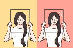 cambios mentales, contrastes en el concepto de estado de ánimo. mujeres sosteniendo marcos con feliz risa alegre y enojada agresiva expresión furiosa de caras sobre fondo amarillo y rosa ilustración vectorial vector