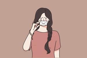 trastorno mental, depresión, concepto de duelo. joven mujer triste e infeliz sosteniendo una sonrisa de papel en la cara escondiendo su boca detrás de una sonrisa falsa dibujada fingiendo ser feliz ilustración vectorial vector