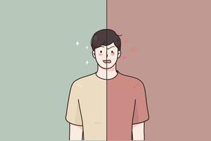 Mental problems, bipolar disorder concept. Young man cartoon character standing with double face expression showing happy and aggressive facial emotions vector illustration