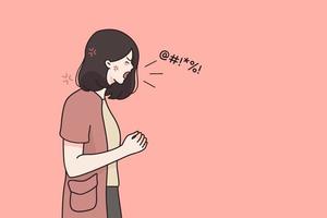 rabia, odio, concepto de agresión. gritando llorando emocional mujer enojada personaje de dibujos animados de pie y gritando con emociones negativas sobre ilustración de vector de fondo rosa