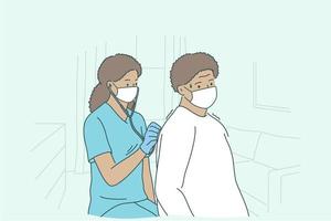 Doctor with home service patient during work concept. Young black woman professional doctor or nurse cartoon character in medical mask checking up mature patient with stethoscope at home illustration vector