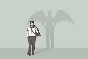 Business ambitions, leadership, inner power concept. Proud happy confident businessman walking with superhero shadow with angel wings feeling power vector illustration