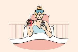 Girl who just woke up sits in bed, looks through news, messages on smartphone, drinks coffee. Awakened woman chats in social networks on cell phone, holds cup of hot tea. Vector isolated illustration.