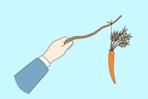 Carrot and stick Reward and punishment concept. Businessman hand holding Carrot on stick for manipulating, rewarding and making punishment on workers vector illustration