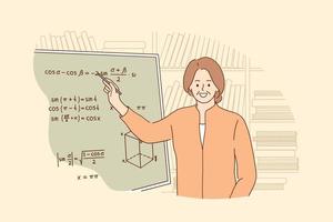 Teaching, education, learning process concept. Portrait of smiling mature professor teaching mathematics to students in library solving math problem writing on board vector illustration