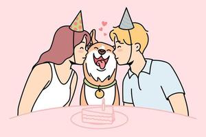 Girl, guy sit at festive table with cake, kiss happy dog in center. Family canine pet celebrates his first birthday surrounded by loving young owners in party hats. Vector colored linear illustration.