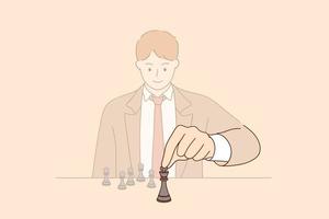 Strategy, leadership and management concept. Young smiling businessman cartoon character sitting and moving chess figure alone feeling confident vector illustration