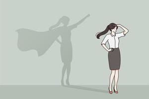 Self esteem, success, leadership concept. Side view of business woman imagining to be super hero looking aspired and feeling confident vector illustration