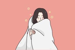 Cozy feelings, slow morning concept. Smiling sleepy young woman standing covered in white soft blanket feeling comfortable and happy vector illustration