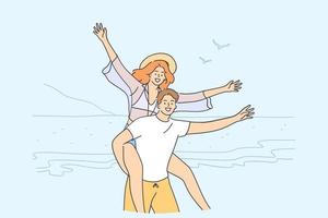 Traveling, enjoying vacations together, couple concept. Happy couple cartoon characters having fun together on seaside on beach during trip vector illustration