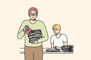 Two men sitting and standing with piles of books in library. Guys making choice in bookstore, bookshop. Students are preparing for lesson, exam at university. Vector outline colorful illustration.