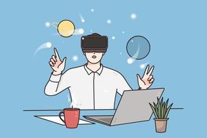 Virtual reality, science and technology concept. Young man wearing virtual reality headset sitting and working on project in computer class vector illustration