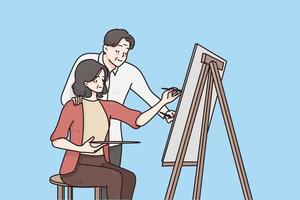 concepto de estilo de vida feliz activo de personas mayores. sonriente anciano pareja madura hombre y mujer pintura dibujo juntos en estudio vector ilustración