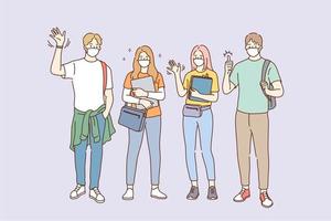 Individual protection from COVID-19 pandemic concept. Group of Students in medical masks standing together, wearing face protective mask against coronavirus infection vector illustration