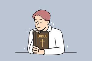 Man holds Bible, prays to God, feels grace. Guy keeps holy book, reads prayers with eyes closed. Young Christian asks for help from higher powers, saints in solving his problems. Vector illustration.