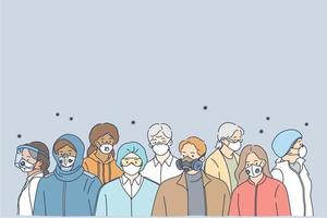 People in protective medical masks, new normal social reality concept. Diverse men and women wearing protection masks from coronavirus COVID-19 virus and urban air pollution standing in crowd vector