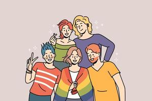 Smiling people with LGBT flag posing together showing unity and support. Happy homosexual men and women pose on pride parade. Vector illustration.