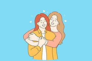 Friendship, girls happiness and hugs concept. Two Cheerful smiling young girls cartoon characters in casual clothing standing and embracing each other vector illustration