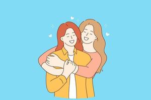 concepto de amistad, felicidad de chicas y abrazos. dos alegres personajes de dibujos animados de chicas jóvenes sonrientes con ropa informal de pie y abrazándose entre sí ilustración vectorial vector