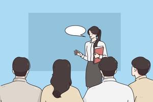 Coach, presentation and business presentation concept. Businesswoman cartoon character standing at podium with documents giving speech seminar for audience in office vector illustration