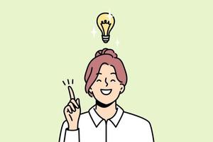 Shining light bulb over head of smiling girl. Woman with index finger up found solution to problem, startup concept. Businesswoman came up with brilliant idea, innovation. Vector graphics in color.