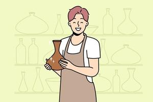 Potter in apron holds jug made by himself. Happy guy shows ceramic vase in pottery workshop. Man creates clayware, earthenware crockery, stoneware. Vector outline colorful illustration.