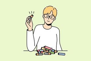 Boy in glasses collects used batteries to send them for processing into secondary raw materials. Guy gathers electric cells to utilization, disposal, recycling. Vector linear isolated illustration.