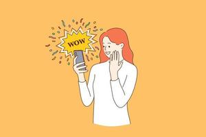 Surprise, shocking news, internet concept. Young smiling female blogger reading shocking news in message on mobile phone using network connection on smartphone with emotional wow word vector