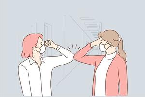 Protection from COVID-19 pandemic, healthcare and working during outbreak concept. Female colleagues in protective face masks greeting each other with bumping elbows at workplace vector illustration