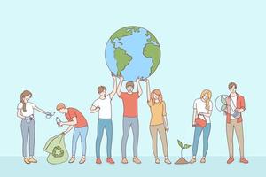 Ecological conversation, save planet concept. Young people volunteers cartoon characters collecting garbage taking care of plants and saving ecology on planet earth vector illustration