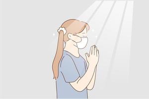 Little girl praying at home during pandemic concept. Little girl in protective medical mask from coronavirus infection staying and playing god with eyes closed hoping to stop infection worldwide vector