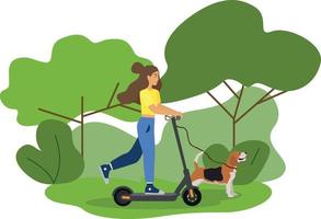 chica en un scooter eléctrico para dar un paseo por el parque con un perro beagle. transporte ecológico moderno. estilo de vida moderno, tecnología. transporte ecológico para el estilo de vida urbano. se puede alquilar para un viaje rápido. vector