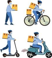 Set of couriers. Courier on electric scooter, bicycle, moped, online delivery, online order tracking, home and office delivery. Fast delivery