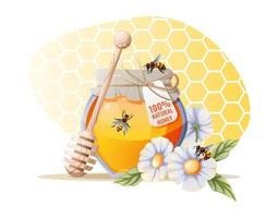 A jar of honey with a wooden spoon, flowers and bees on a yellow background. Poster, banner for honey product vector