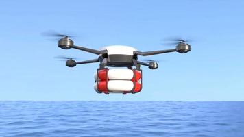 Rescue drone with lifebuoy flying over the ocean video