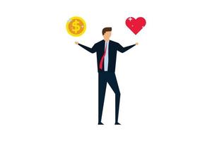 equilibrio entre la vida laboral, confundir al hombre de negocios con una gran moneda con la palabra trabajo y la forma del corazón de la vida en otra mano vector