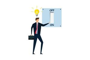 Business idea and solution to solve company problem, smart businessman turn on lightbulb switch to lit up idea vector