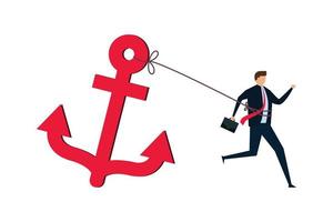 Career burden, held back or no career path in work, tried stress businessman trying hard to run forward with heavy anchor. vector